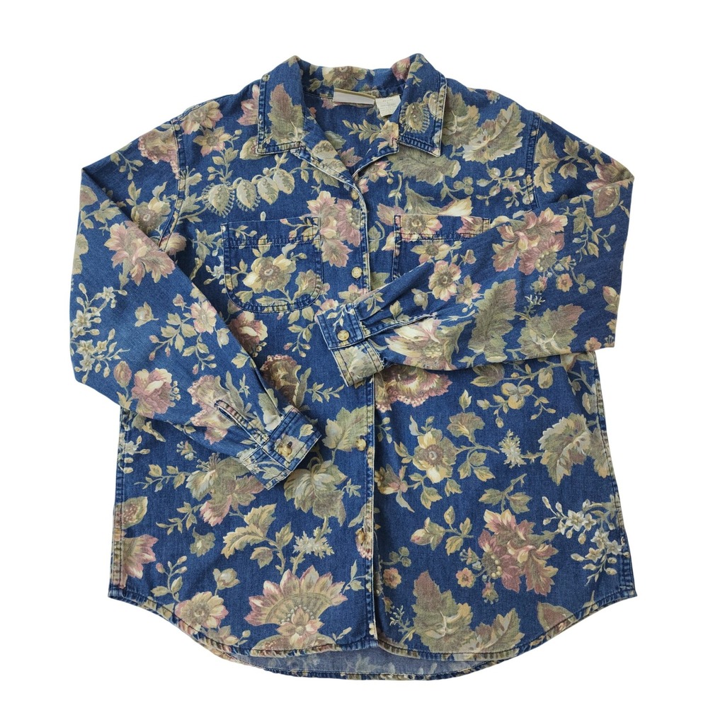 Liz Claiborne Lizwear Floral Denim Shirt Blue Cotton Button Up Petite Large
